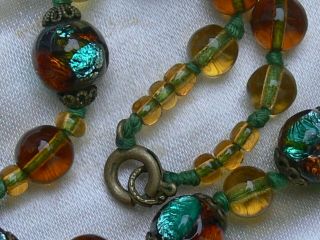 Vintage Antique Art Deco Bohemian Gold Green Fire Foil Glass Beads Gilt Necklace 8