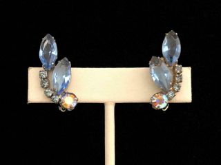 Vintage Silver - Tone Blue Aurora Borealis Rhinestone Clip - On Earrings