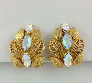 Vintage Kramer Gold Leaf Clip Earrings With Ab Rhinestones