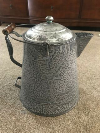 Large Vintage Metal Coffee Brewing Pot / With Wooden Handle