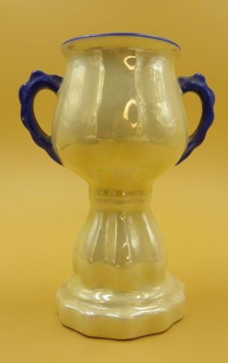 Vintage Yellow Lustreware Pottery Vase Art Deco Style - Blue Handles & Trim