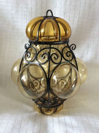 Vintage Brass Caged Hand Blown Bubble Glass Lantern Lamp Venetian Murano