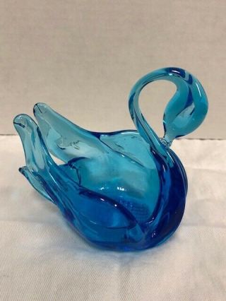 Vtg Hand Blown Glass Aqua Blue/crystal Swan 6 3/4” Mid Century Glassware