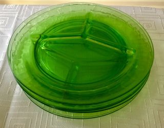 Vintage Green Depression Glass Vaseline Uranium Divided Grill Plates Set Of 4