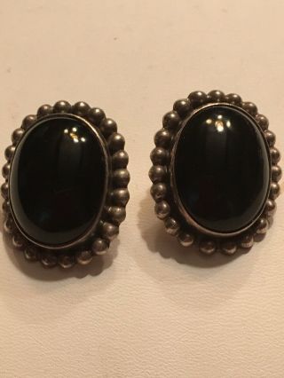 Vintage Mexican Sterling Silver Earrings Obsidian Beaded Oval 1940 