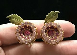 Vtg Vendome Gold Tone Pink Rhinestone Flower Clip On Earrings Signed 1 1/2 " M001
