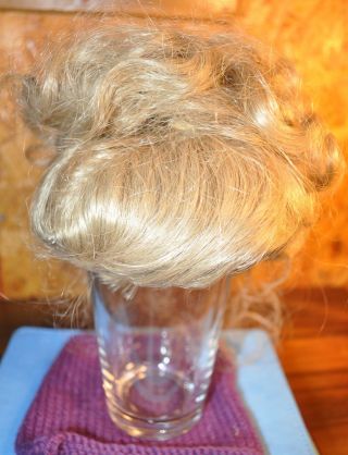 Vintage Doll Wig Size 14 - 15 " Blonde Short Full Bangs With Messy Curled Bun