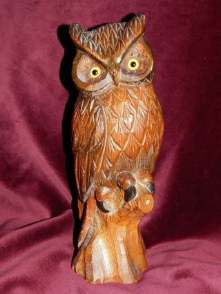 Lge Vintage Hand - Carved Wooden Owl Figurine With Glass Eyes By Kadian Crafts
