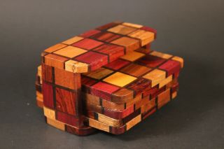 Vtg Set Of 5 Coasters With Holder - Various Woods In Patchwork Pattern