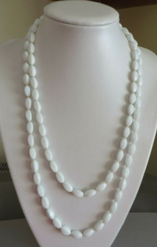 Vintage 1950s Milk White Glass Bead Necklace Long Flapper Style 56 Inch Wedding