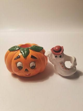Lefton Pumpkin Candle Holder W/ghost Candle Climber Vintage 1986 Halloween Euc