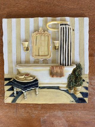 C.  Winterle Olson 3d Bathtub Bathroom Scene Ceramic Resin Wall Art Plaque Tile