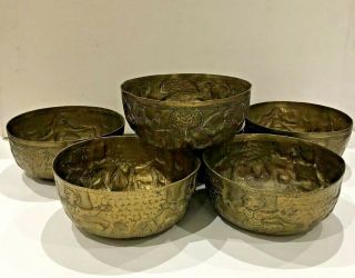 Set Of 6 Antique Vintage Brass Bowl Dancing Indian God 
