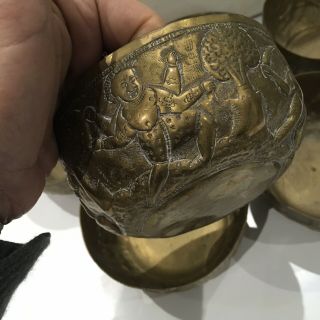 Set of 6 Antique Vintage Brass Bowl Dancing Indian God ' s Deity Benares Tea Bowls 2