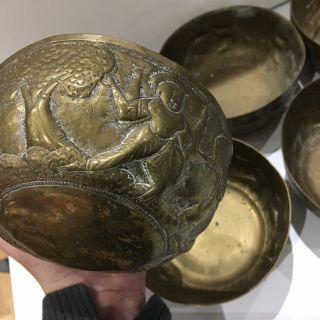 Set of 6 Antique Vintage Brass Bowl Dancing Indian God ' s Deity Benares Tea Bowls 4