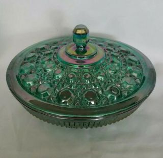 Vintage Blue Iridescent Windsor Carnival Glass Candy Dish With Lid