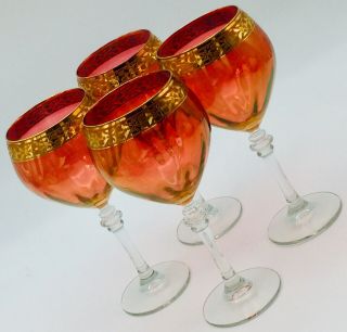 Wine/water 4 Vintage Iridescent Cranberry Pink Rose Crystal Glasses