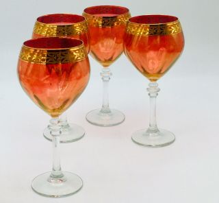 WINE/WATER 4 VINTAGE IRIDESCENT CRANBERRY PINK ROSE CRYSTAL GLASSES 3