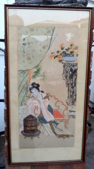 Vintage Chinese Hand Painting On Silk Mounted And Framed