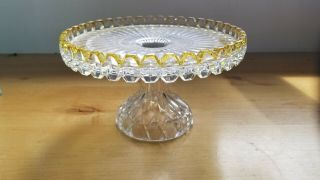 Vintage Glass Cake Stand Plate,  9 " Diameter,  5.  5 " Tall,  Clear With Yellow Rim