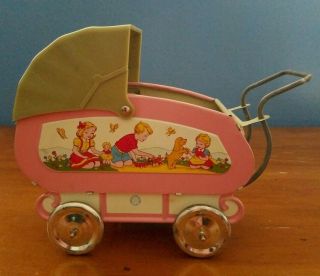 Vintage Ohio Art Tin Litho Metal Baby Doll Carriage Pink & Green W/dolls