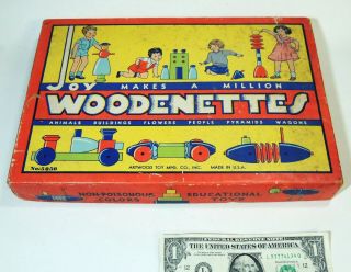 Antique Vtg 1930s Art Deco Woodenettes Wood Building Toy Game Box Only Artwood