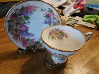 Vintage Taylor And Kent Lilac Pattern Cup An Saucer W/ Pretty Metal Stand