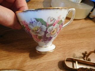 Vintage Taylor and Kent Lilac pattern cup an saucer w/ pretty metal stand 4