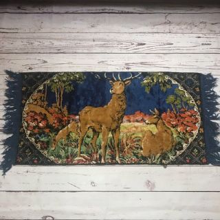 Vintage Velvet Deer Tapestry Wall Hanging Buck Doe Boho 38x19 Vibrant