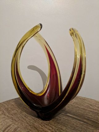 Vintage Murano Style Freeform Floraform 3 Arm Bowl Sculpture Deep Red And Yellow
