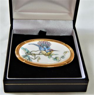 Wedgwood Porcelain Brooch Humming Bird Gold Plated Vintage Boxed
