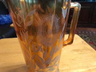 Vintage Depression Glass Pitcher Gold Color With Raised Flower And Leaves Design