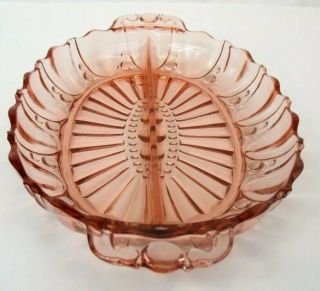 Vintage Pink Depression Glass Divided Dish Relish Bowl Oyster And Pearl