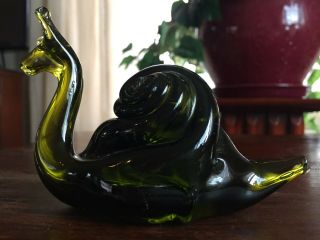 Vintage Green Art Glass Snail Shell Figurine Paperweight,  Estate,  5 " X 3.  25 "