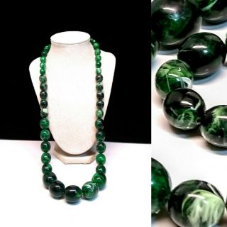 Vintage Plastic Lucite Green Swirled Graduated Beaded Necklace Strand