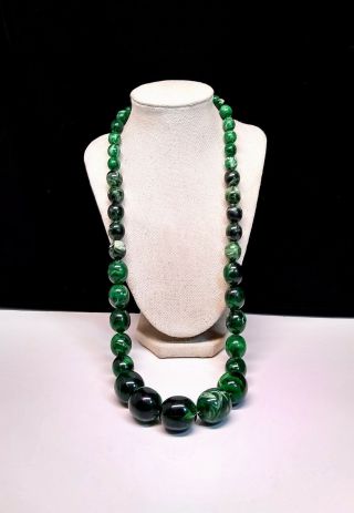 Vintage Plastic Lucite Green Swirled Graduated Beaded Necklace Strand 5