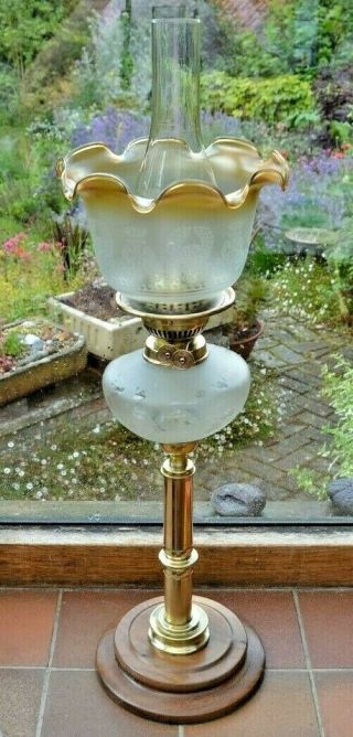 Antique Vintage Brass Duplex Oil Lamp.  Etched Fluted Glass Shade & Chimney.
