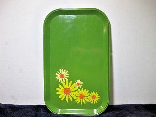 Vintage 1960s & 70s Avocado - Green Metal Tray With 5 Yellow White Orange Daisies