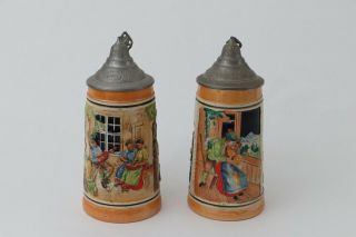 Two Vintage German Dome Lid Beer Steins,  Ceramic,  Painted