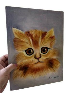 Vtg Fluffy Cat Painting Big Eyes Scaredy Cat 9x12 Art Signed S Brown