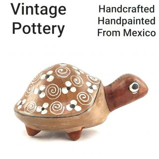 Vintage Turtle Pottery Piece Handcrafted & Handpainted In Mexico 3 1/2 " X 6 "