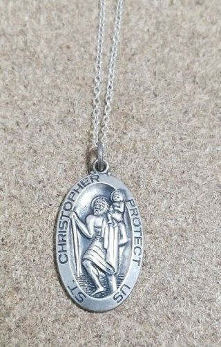 Vtg Sterling Silver Saint Christopher Protect Us Pendant/necklace - Engraved Mom