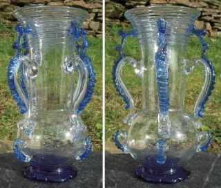 A Large Vintage Hand Blown Blue Tinted Glass Vase With Handles - 30 Cm In Height