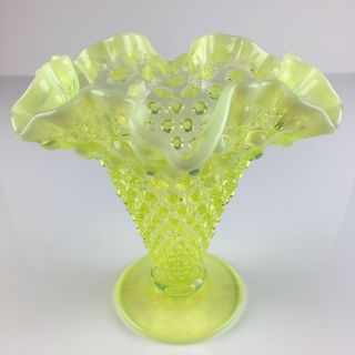 Fenton Topaz Opalescent Glass Ruffled Hobnail Vase Vaseline Vintage