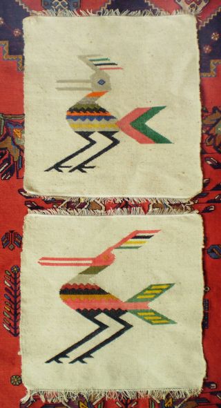 2 Vintage Hand Woven Wool Ethnic Textiles Rugs Ecuador Birds 40,  Years Old