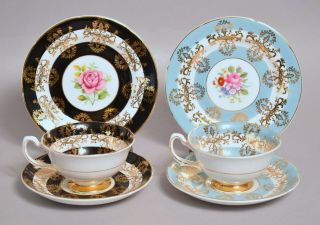 Two Very Attractive Vintage Royal Grafton Bone China Tea Cup Trios,  Roses Etc