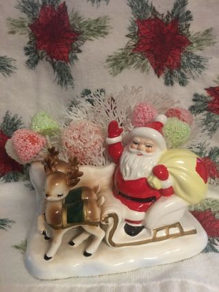 Awesome Vintage Lefton Christmas Planter - Santa And Reindeer W/sleigh
