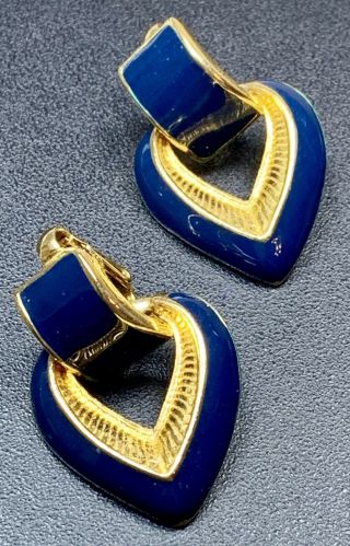 Signed Avon Vintage Clip Earrings Gold Tone Dangles Blue Enameled