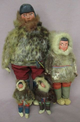 4 Vintage Eskimo Dolls 11 ",  9 ",  4 ",  4 1/2 " Wood Or Pottery Heads Fur & Leather