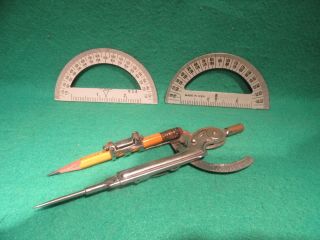 2 Vintage Metal Protractors And One Adjustable Compass U.  S.  Pat.  2,  066.  147